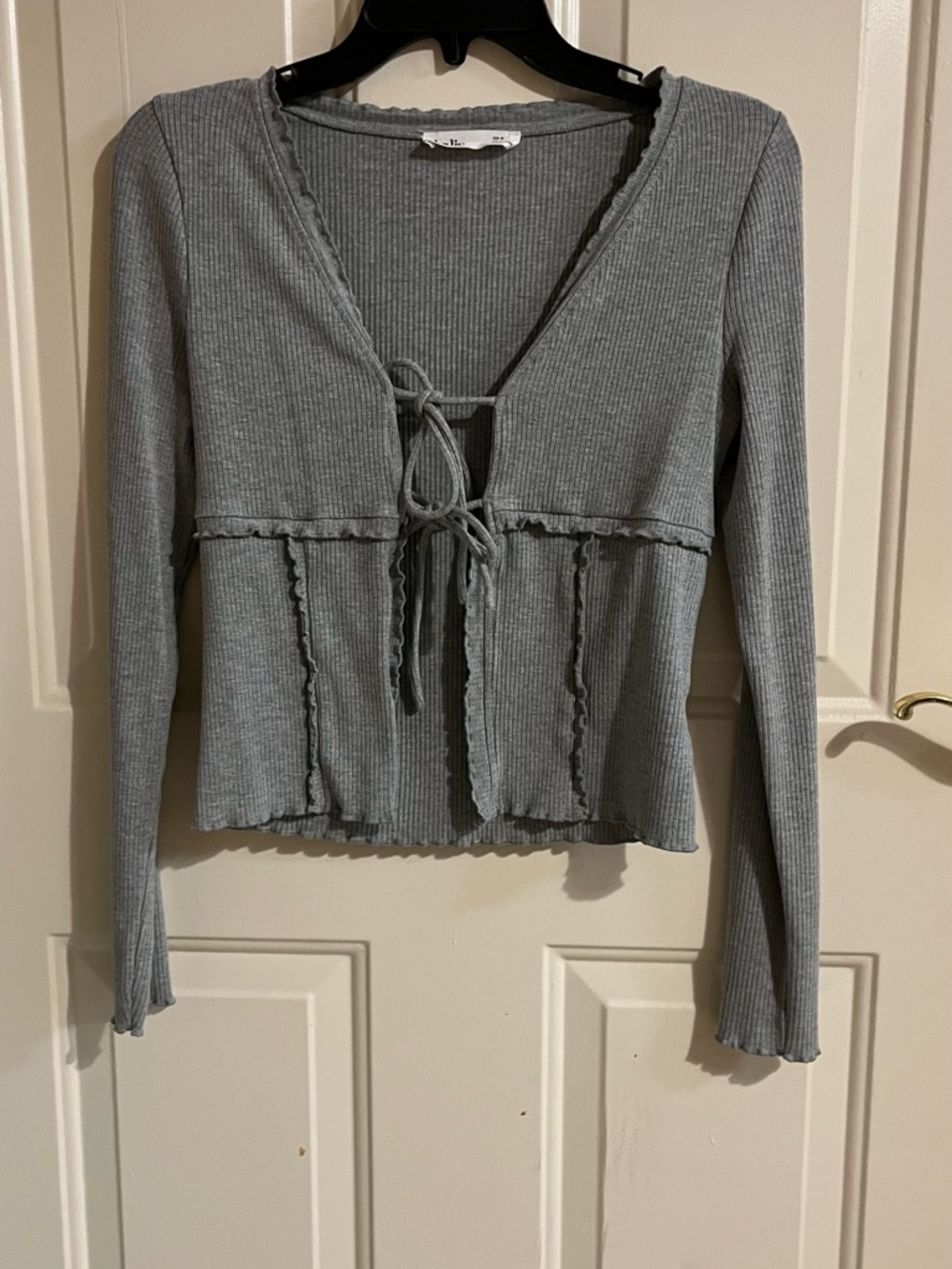 Elodie Ribbed Tie-Front Long Sleeve Top - Gray